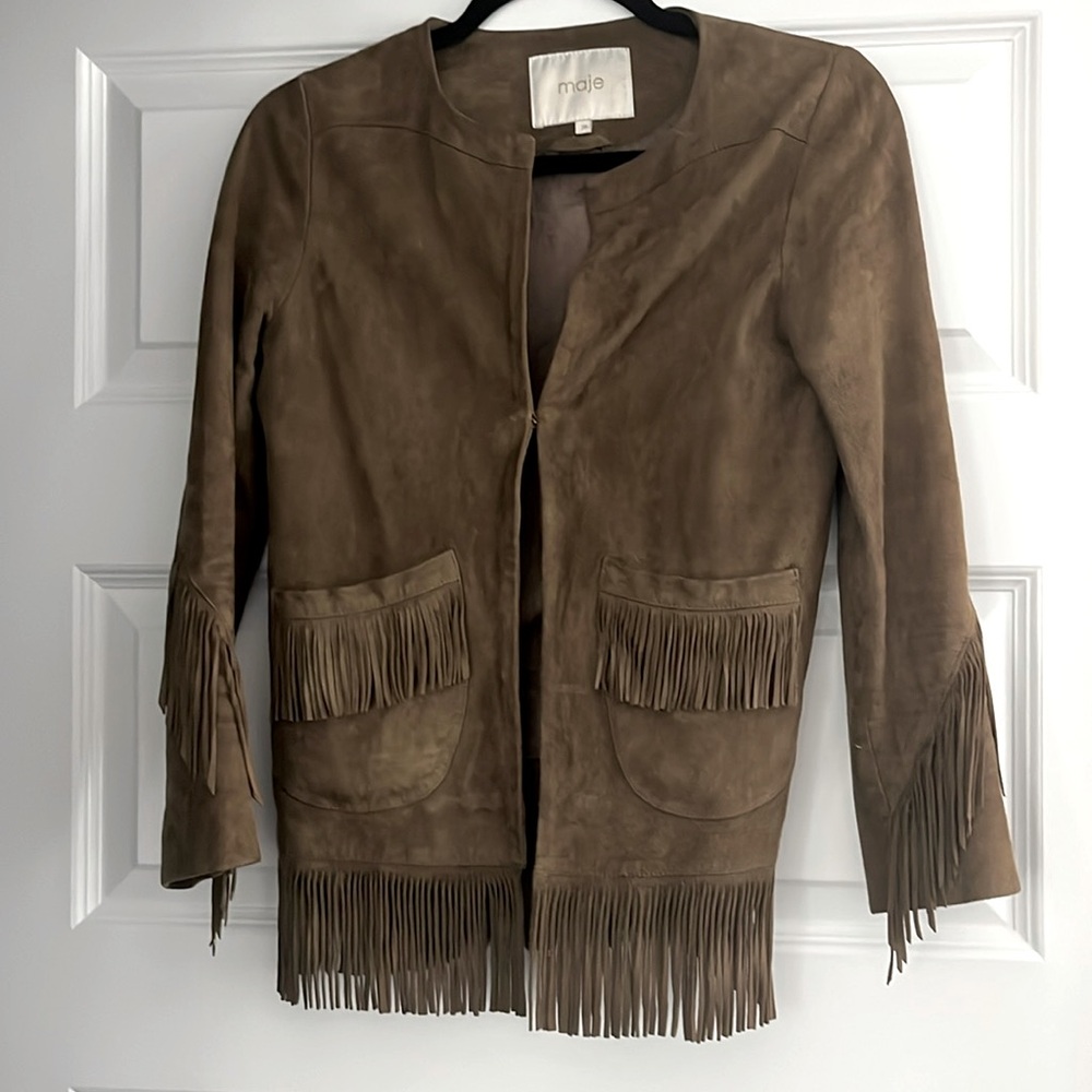 Maje Paris suede fringe jacket green gray western cowgirl Parisian designer